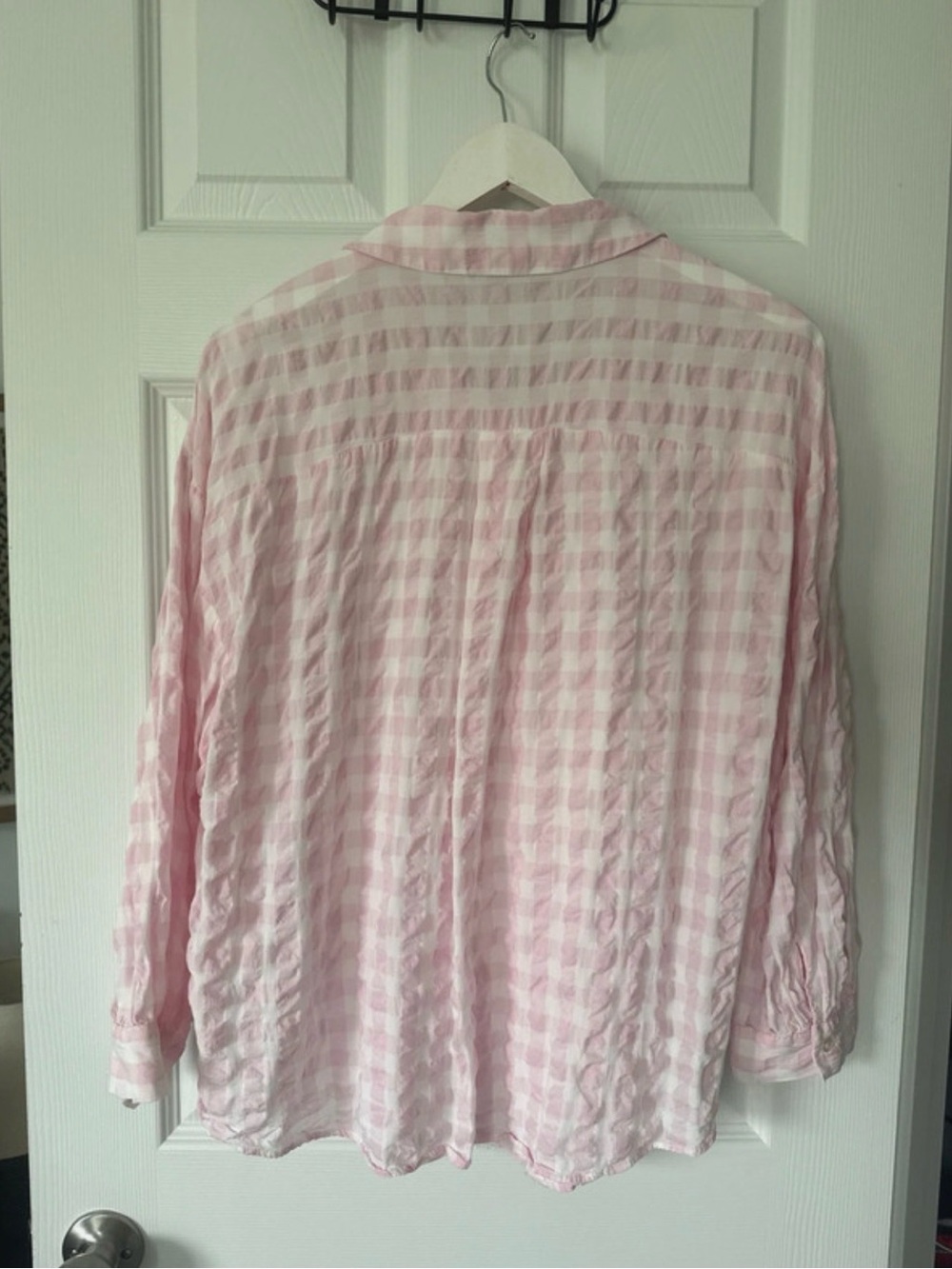 Zara Pink Gingham Button-Down Cotton Crinkle Plaid Shirt Large - Picture 3 of 5